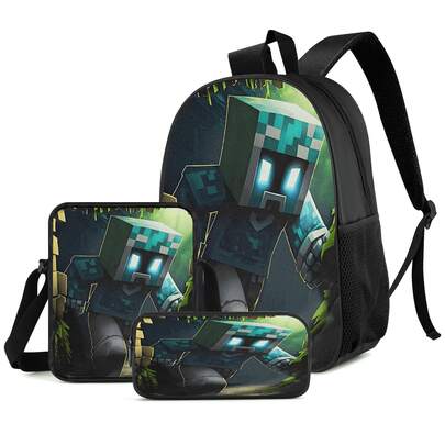 Dark Jungle Cave Blue Glowing Eyes Pixel Block Character Print 3 Pieces Set Large Capacity Backpack + Crossbody Bag + Pencil Case Adjustable Breathable Shoulder Straps Gaming Pixel Style Game Theme Enthusiast Daily Commute Storage Set