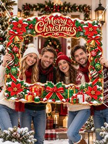 Christmas Polyester Photo Booth Frame Banner, Merry Christmas Poinsettia Bell Ornament Gift Red Bow Photo Prop, Holiday Party Photo Backdrop For Family Gathering Indoor Outdoor Xmas Decorations - A - View 1