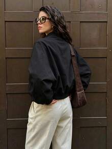Casual Baseball Pocket Women's Jacket Loose Short Outerwear - Black - View 2