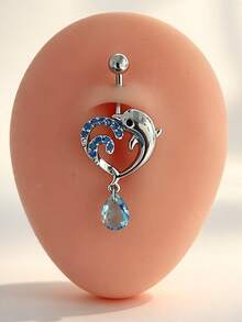 1pc Copper Inlaid Zirconia Heart Dolphin Water Drop Pendant Belly Ring Suitable For Daily Wear - Dolphin Belly Piercing - View 3