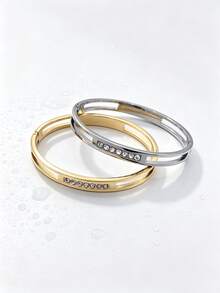1pc Elegant Charming Personalized Fashion Stainless Steel Gold-Plated Hollow Geometric Rhinestone Inlaid Snap Bracelet, Men's Party Gift Choice - Style 1 - View 6