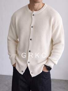 GRKC Men's Round Neck Button Cardigan Knit Sweater, Long Sleeve, Dropped Shoulder, Soft Urban Minimalist Layering Knit Top, Autumn/Winter - Apricot - View 3