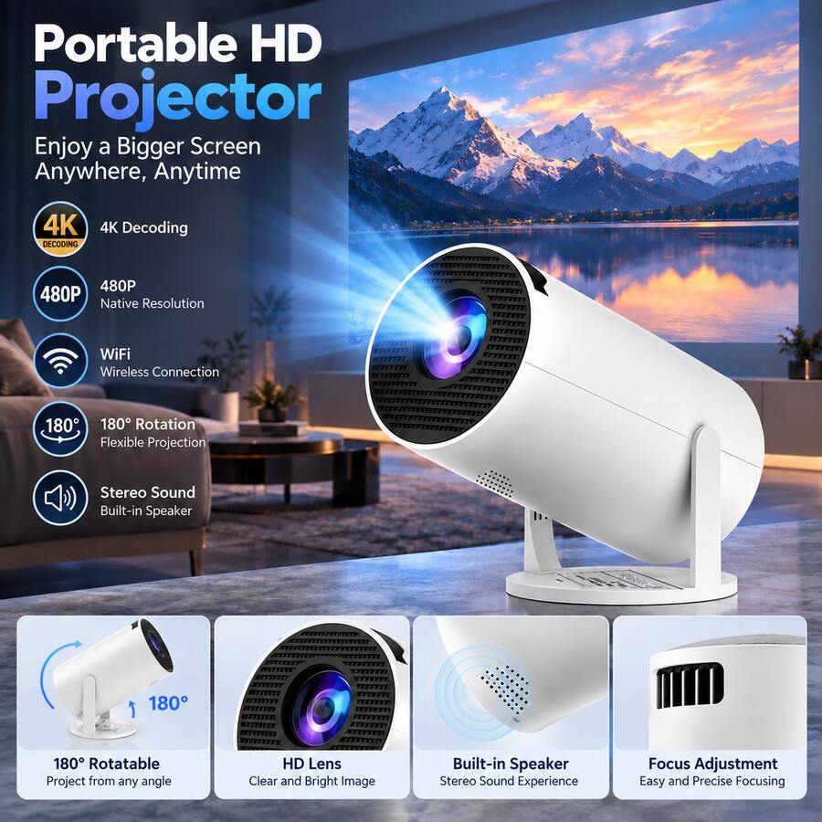2026 New Flagship Android 14 Projector - Supports 4K Resolution, 5000 Lumens Brightness, 240° Full Angle Projection, Auto Keystone Correction And Auto Focus, WiFi 6 Bluetooth 5.3 Wireless Screen Mirroring, Ultra Quiet ≤26dB Design, Suitable For Home Theater/Gaming (Low Latency)/Education/Office, Creates A Cozy Atmosphere, Ideal Gift Choice, Compatible With 5V 2A/3A Charger (Includes Data Cable, Simple And Intuitive Installation Guide)