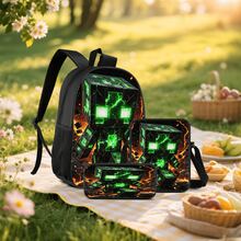 Lava Crack Green Pixel Monster Print 3 Pieces Set Large Capacity Backpack + Crossbody Bag + Pencil Case Adjustable Breathable Shoulder Straps Fashion Pixel Block Game Theme Daily Commute Storage Set - Printed Bag - View 7