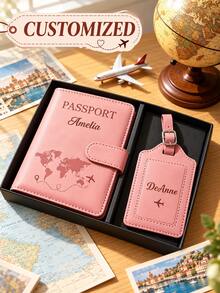 Custom Engraved Passport Cover And Luggage Tag Set, Personalized PU Leather Passport Holder, World Map Travel Document Protector, Customized Name Travel Gift, Suitable For Holiday Travel - Multicolor - View 2