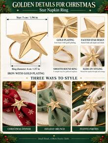 6pcs Christmas Napkin Rings, Gold Five-Pointed Star Shiny Metal Tabletop Decor, Classic Holiday Napkin Buckles Suitable For Dining Table, Holiday Banquet, Christmas Family Gathering, Tabletop Decoration - Gold Star - View 7