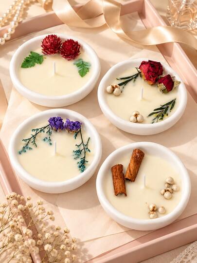 Luxury Dried Flower Scented Candle, Handmade Botanical Aromatherapy Candle With Plaster Bowl, Elegant Floral Home Decor, Tabletop Decoration, Birthday Gift, Wedding Favor, Romantic Gift For Women
