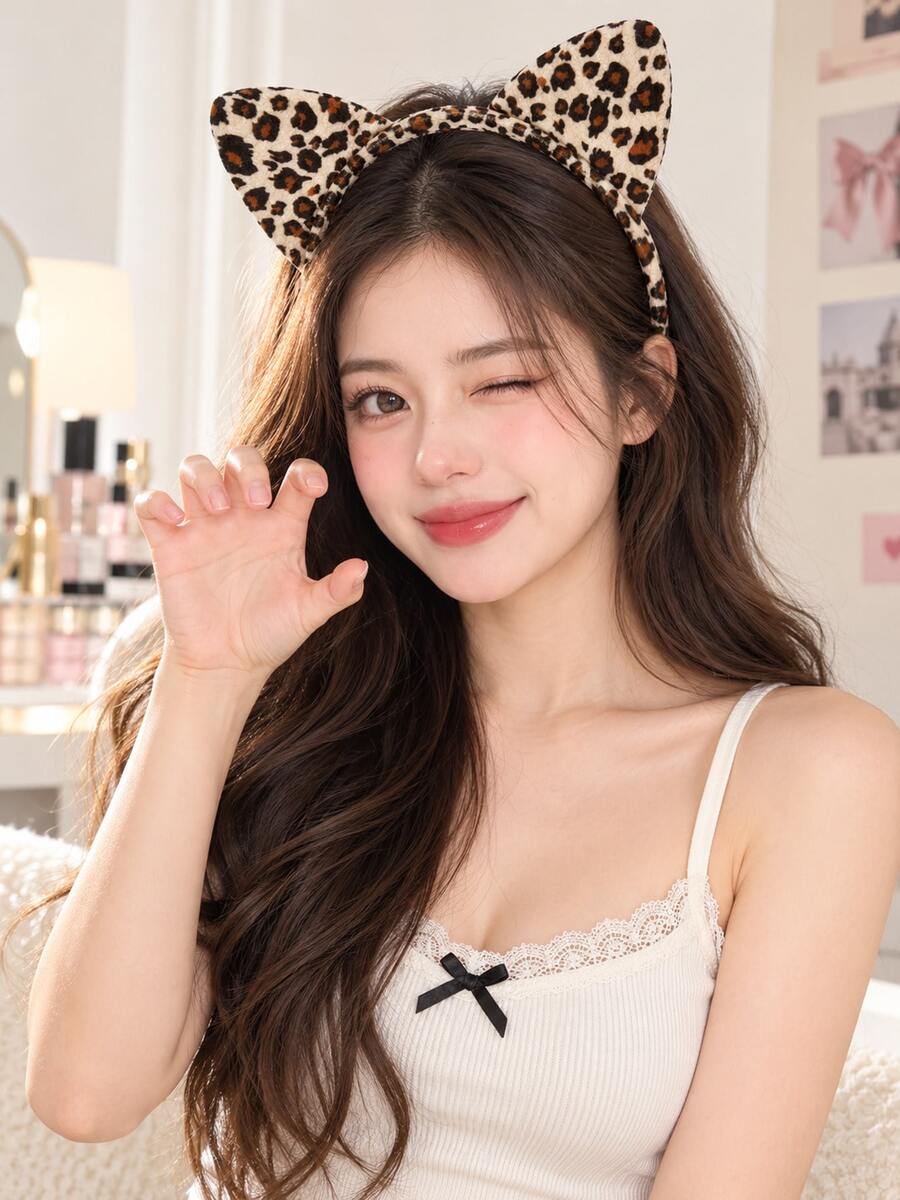 Leopard Cat Ear Headband Cute Fuzzy Animal Ear Hair Hoop For Women Girls, Soft Plush Party Costume Hair Accessory - Multicolor - View 1