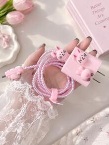 1 Set Cartoon Rabbit Data Cable Protector, Spiral Tube Anti-Breakage Anti-Drop, Cute Girl Phone Accessory, Ins Style Data Cable Protector Compatible With Apple 18W/20W PD Fast Charging, Creative Gift For Girls - Pink Rabbit - View 3