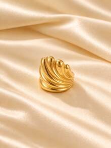 European And American High-End Gold Thick Shell Textured Wide Band Ring, Women's Vintage Design Versatile Finger Ring, Personalized Hand Accessory - Gold - View 6