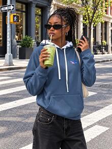 Women's Solid Color Street Style Loose Hoodie, Long Sleeve Drawstring Pocket Shark Print Casual Sweatshirt, Autumn Spring - Baby Blue - View 3