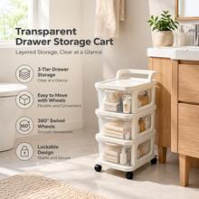 3-Tier Transparent Drawer Storage Cart With Removable Handle And 360° Swivel Wheels, 3 Colors Available, Rolling Organizer Cart With Clear Pull-Out Drawers For Bathroom, Kitchen, Bedroom, Office, Laundry Room And Home Storage - White - View 6