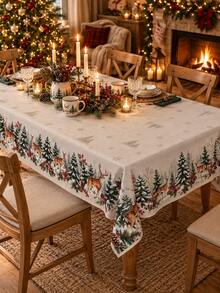 1 Piece Of Christmas Deer Tablecloth, Winter Forest Reindeer Pine Snowflake Print, Rural Christmas Dining Decoration, Suitable For Holiday Dinners And Comfortable Homes - Multicolor - View 7