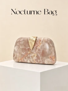 1pc Pink Marble Pattern Hard Shell Evening Clutch, 3D Gold Leaf Lock Clasp Shaped Handbag, Soft Glow Premium Texture, Detachable Metal Chain, Handheld And Crossbody Dual Use, Wedding, Party, Banquet, Dress Matching Elegant Style Crossbody Bag - 134# Marble Tin Box - View 1