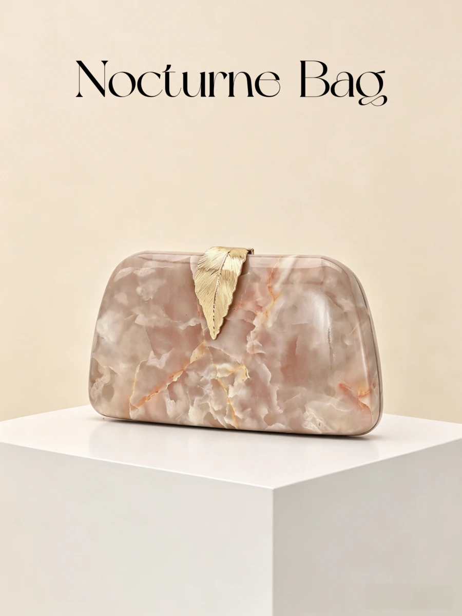 1pc Pink Marble Pattern Hard Shell Evening Clutch, 3D Gold Leaf Lock Clasp Shaped Handbag, Soft Glow Premium Texture, Detachable Metal Chain, Handheld And Crossbody Dual Use, Wedding, Party, Banquet, Dress Matching Elegant Style Crossbody Bag - 134# Marble Tin Box - View 1