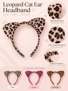 Leopard Cat Ear Headband Cute Fuzzy Animal Ear Hair Hoop For Women Girls, Soft Plush Party Costume Hair Accessory - Multicolor - View 5