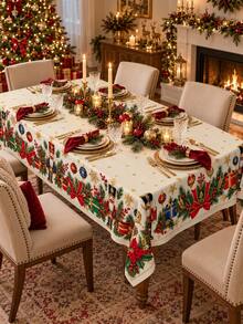 1 Christmas Nutcracker Tablecloth, Holiday Soldier Gift Box With Pine Bow Printed Tablecloth, Festive Christmas Dining Decoration For Family Dinners And Winter Homes - Multicolor - View 18