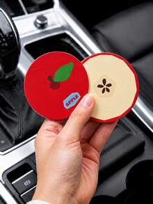 2pcs Apple-Shaped Car Cup Holder Anti-Slip Pads, Leather Material, Heat Resistant And Dirt-Proof, Universal Creative Car Interior Decoration Pads, Car Interior Decor - one-size - View 3