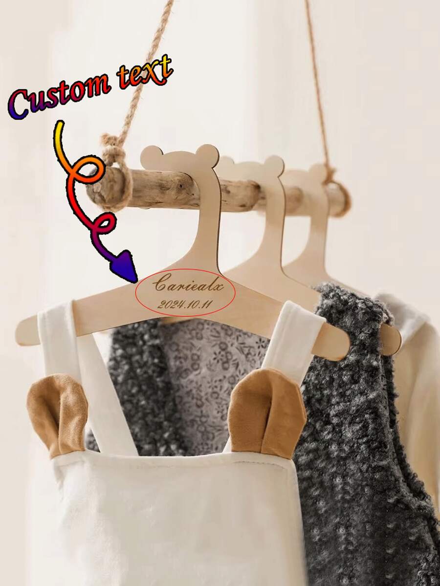Customized Text Bear Wooden Children's Clothes Hanger, Durable Baby Clothes Drying Rack, Bedroom Closet Wardrobe Home Dorm Storage Organizer - Multicolor - View 1