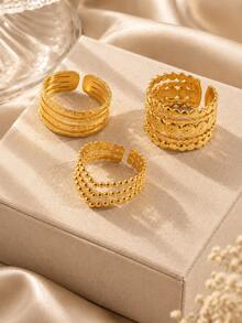 3pcs/Set Gold Open Ring Stackable Combination Set, European And American Style Multi-Layer Wide Band Beaded Chain Rings, Adjustable For All Finger Sizes, Unique Design Commute Party Accessories - Gold - View 2