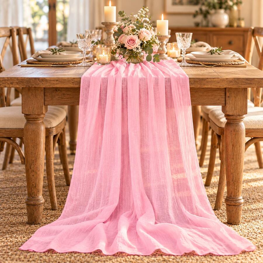 3Pcs Light Pink Cheesecloth Table Runner, Sheer Gauze Draping Fabric, Lightweight Boho Rustic Table Runner For Wedding Arch, Banquet Table, Bridal Shower, Baby Shower, Birthday Party, Wedding Reception, Photography Backdrop, Chair Decor & Home Decor - Multicolor - View 1