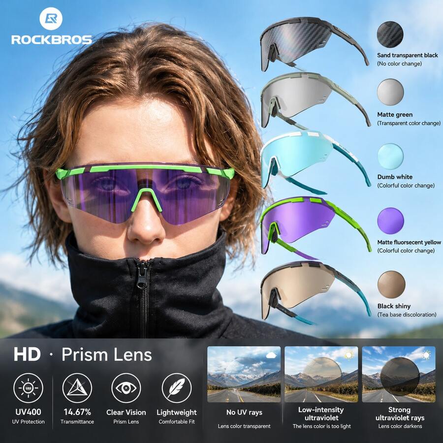 ROCKBROS 1pc Outdoor Sports Cycling Glasses, Photochromic Lenses With Intelligent Dynamic Light Adjustment, Adjustable Anti-Slip Sweat-Absorbing Nose Pads, Adjustable Temple Bend