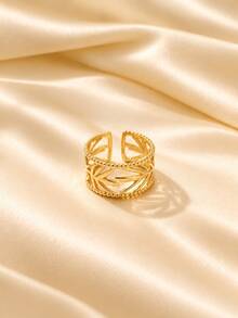 European & American Vintage French Bohemian Style Hollow Leaf Wide Open Ring, Niche Design High-End Index Finger Ring, Vacation Accessory For Women - Gold - View 6