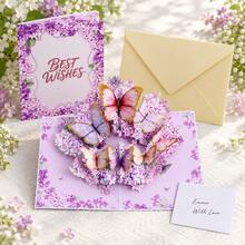 1pc Customized 3D Flower & Butterfly Greeting Card, Customizable Text Message, Purple Floral Pop-Up Card, Creative Paper Sculpture 3D Card, Foldable Blessing Card, With Envelope, Suitable For Birthday, Wedding, Anniversary, Thank You, Holiday Wishes And Daily Gifts - Multicolor - View 6