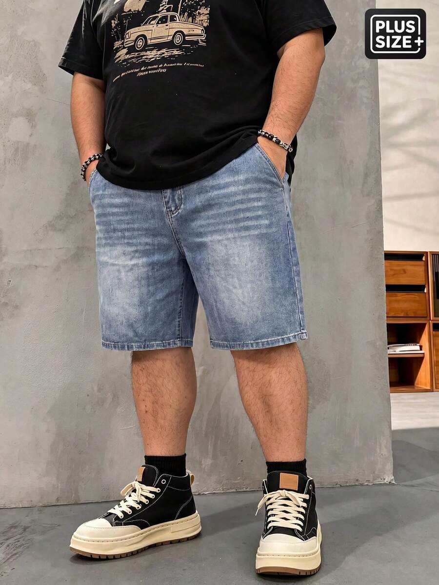 Say Goodbye To Tightness~American Street Style Relaxed Fit Denim Shorts Men's Plus Size Loose Straight LegBermuda Shorts. - Blue - View 1