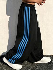 Modcrash 1pc Men's Autumn Black Base Blue 4-Stripes Curved Hem Wide Leg Sweatpants, White Drawstring Elastic Waistband, Casual Sports Long Pants Fall/Winter - Black - View 3