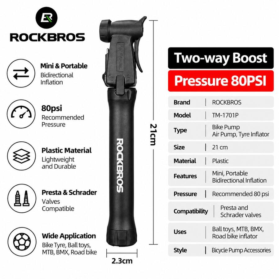 ROCKBROS 1PC Mini Bike Pump Portable Bidirectional Air Inflator, 80 Psi, Presta & Schrader Valve, Aluminum Alloy For Road MTB BMX Bike Ball Toys - Black - View 1