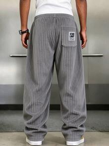 Men's Casual Letter Print Corduroy Loose Straight Leg Pants - Grey - View 5