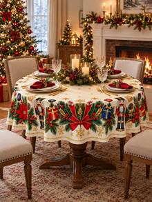 1 Christmas Nutcracker Tablecloth, Holiday Soldier Gift Box With Pine Bow Printed Tablecloth, Festive Christmas Dining Decoration For Family Dinners And Winter Homes - Multicolor - View 9