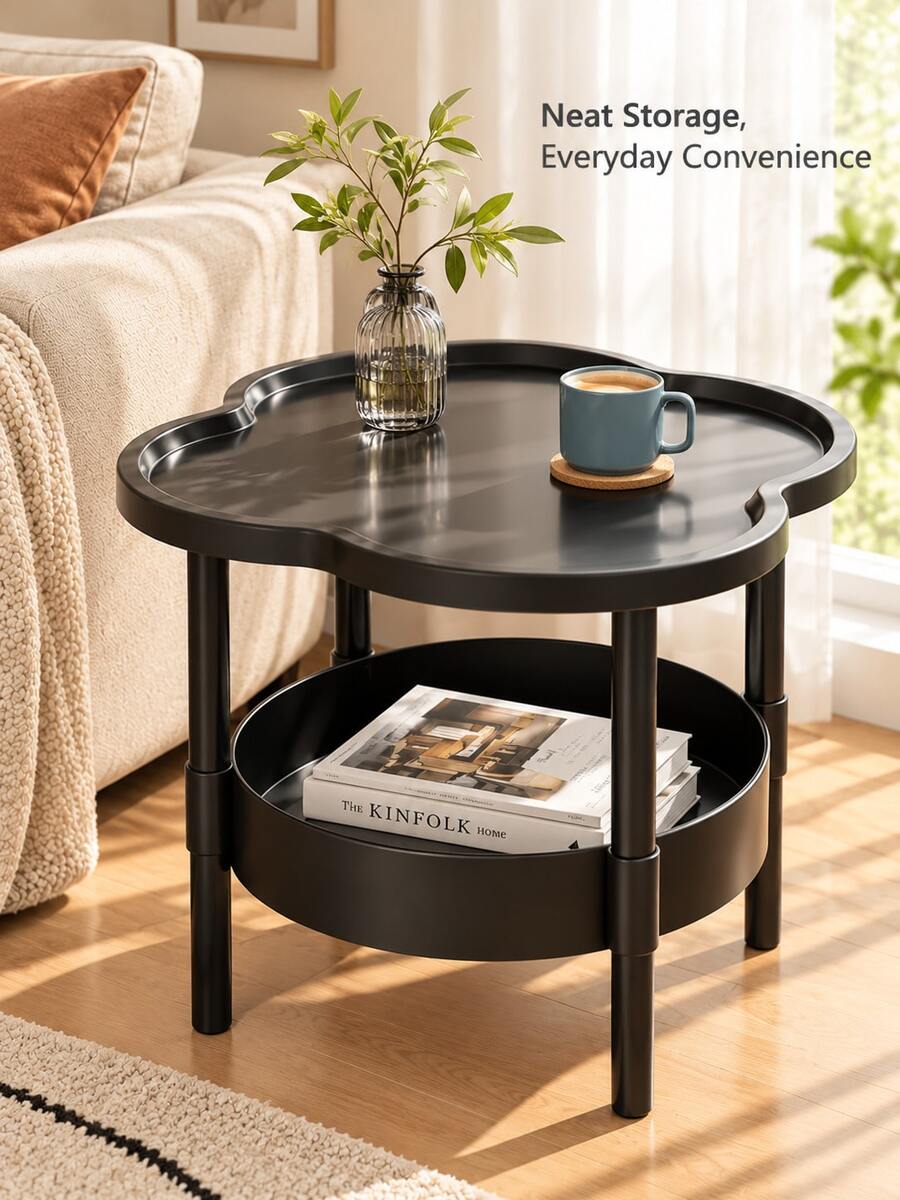 Modern 2-Tier Side Table With Storage Shelf, Clover-Shaped Small End Table, Space-Saving Bedside Cabinet, Suitable For Living Room, Bedroom And Study, White/Black - White - View 1