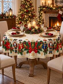 1 Christmas Nutcracker Tablecloth, Holiday Soldier Gift Box With Pine Bow Printed Tablecloth, Festive Christmas Dining Decoration For Family Dinners And Winter Homes - Multicolor - View 8