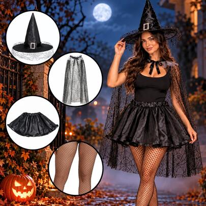Fantasia De Bruxa Adulta Halloween Com Chapéu Capa Saia Meia Arrastão