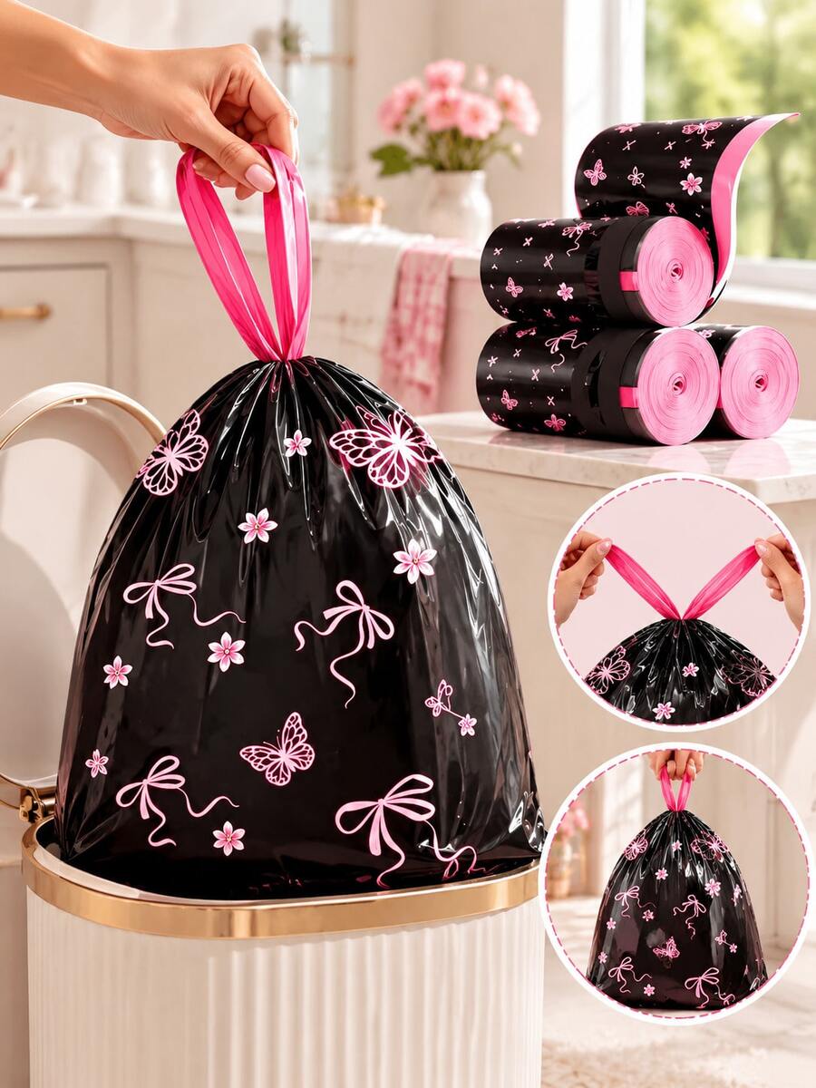 Scented Drawstring Trash Bags - Thickened Tear-Resistant - Pink Bow Pattern, High-Density Polyethylene Drawstring Trash Bags - Multi-Purpose Disposable Storage Bags, Suitable For Kitchen, Bathroom, Living Room, RV, Bedroom, Office, Also Can Be Used As Halloween And Christmas Gifts, Applicable Scenes Include Home Decor (Including Autumn, Christmas And Daily Styles), Office Decor - A - View 1