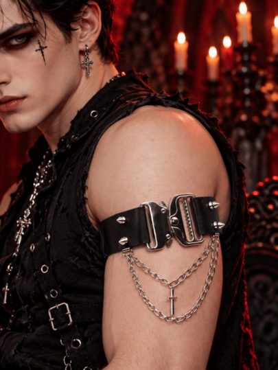 Men's Black PU Leather Gothic Punk Arm Band With Metal Quick Release Buckle, Spiked Rivets, Chain And Cross Pendant, Dark Rock Halloween Cosplay Costume Accessory