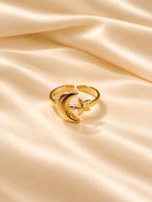 Cincin Terbuka Emas dengan Motif Bulan & Bintang Terhubung, Cincin Terbuka Wanita dengan Desain Bintang & Bulan yang Dapat Dipersonalisasi, Cincin yang Dapat Diatur, Aksesori untuk Perjalanan Sehari-hari, Kencan, dan Pesta. - Emas - View 1