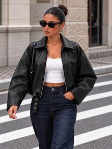 Women's Oversized Belted PU Leather Jacket, Zip Up Drop Shoulder Moto Coat - Black - View 3