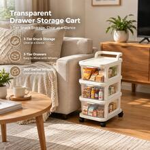 3-Tier Transparent Drawer Storage Cart With Removable Handle And 360° Swivel Wheels, 3 Colors Available, Rolling Organizer Cart With Clear Pull-Out Drawers For Bathroom, Kitchen, Bedroom, Office, Laundry Room And Home Storage - White - View 4
