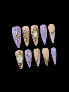Set Of 10 Minimalist, Retro, Handmade Press-On Nails-Perfect For Autumn And Winter. Features Cat-Eye And 3D Handmade Designs; A Luxurious, Reusable Set Suitable For Everyday Wear Or Parties For Girls And Women. - Multicolor - View 4