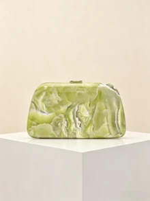 1pc Pink Marble Pattern Hard Shell Evening Clutch, 3D Gold Leaf Lock Clasp Shaped Handbag, Soft Glow Premium Texture, Detachable Metal Chain, Handheld And Crossbody Dual Use, Wedding, Party, Banquet, Dress Matching Elegant Style Crossbody Bag - 134# Marble Tin Box - View 11