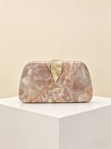 1pc Pink Marble Pattern Hard Shell Evening Clutch, 3D Gold Leaf Lock Clasp Shaped Handbag, Soft Glow Premium Texture, Detachable Metal Chain, Handheld And Crossbody Dual Use, Wedding, Party, Banquet, Dress Matching Elegant Style Crossbody Bag - 134# Marble Tin Box - View 2
