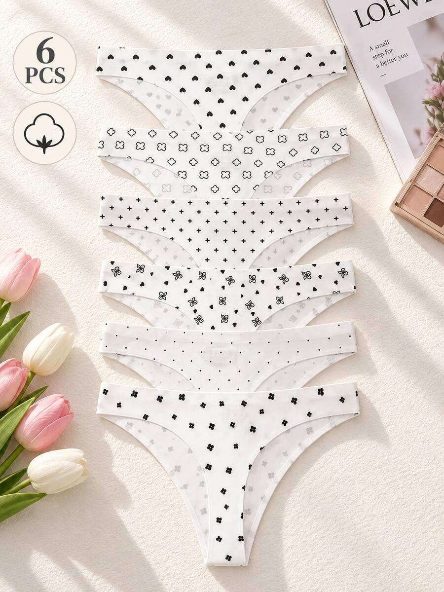 6 buah Celana Dalam Segitiga Anak Perempuan, Motif Hati Segar, Polkadot, dan Daun Semanggi Empat Daun, Set Kombinasi Elemen Manis Sederhana, Pakaian Dalam Sehari-hari untuk Remaja Perempuan di Rumah, Sekolah, Kombinasi Multi-Warna Baru Musim Gugur/Dingin, Celana Dalam Dasar yang Pas di Badan - Putih - View 1