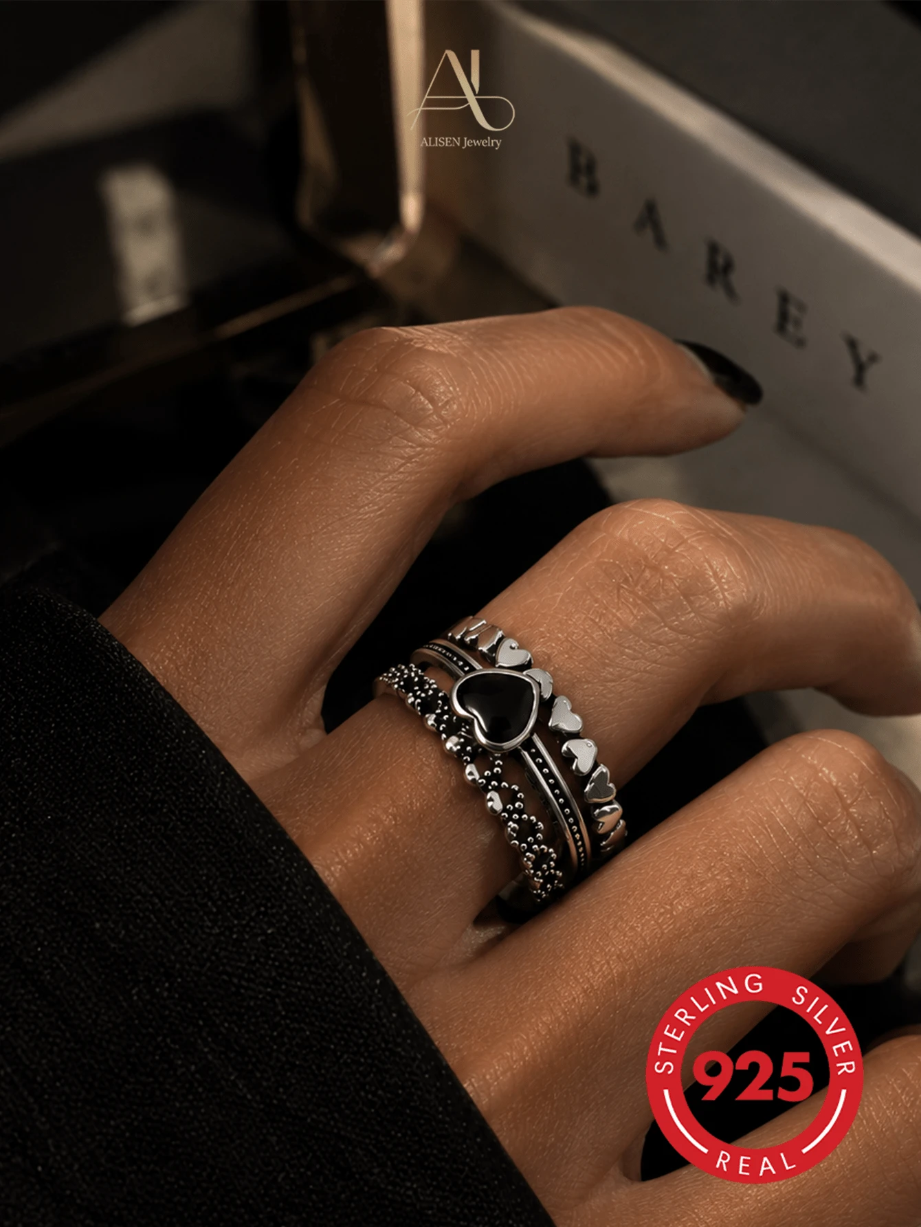 1pc S925 Silver Black Heart Shaped Retro Punk Hip-Hop Hollow-Out Women Ring, Adjustable