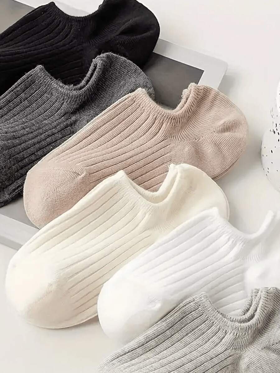 6 Pairs Solid Color Thin Striped Boat Socks, Simple Comfortable Breathable, Women's Long Socks - Multicolor - View 1