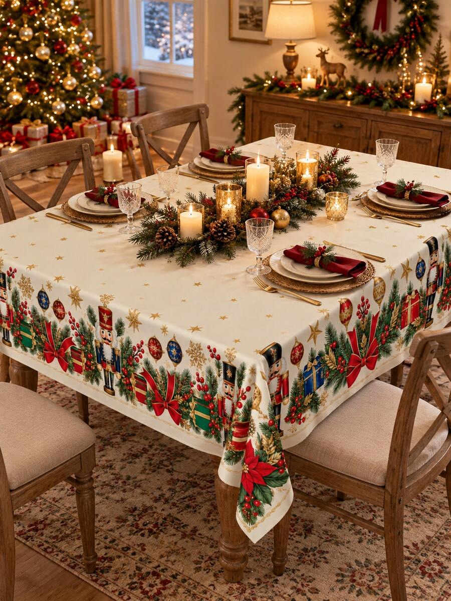 1 Christmas Nutcracker Tablecloth, Holiday Soldier Gift Box With Pine Bow Printed Tablecloth, Festive Christmas Dining Decoration For Family Dinners And Winter Homes - Multicolor - View 1
