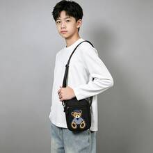 Pointer jumping Crossbody Bag Student Bag 3D Embroidered Bear Large Capacity Bag New Fashion Shoulder Suitable For Daily Commute And Outing Use, Unisex - Black - View 3