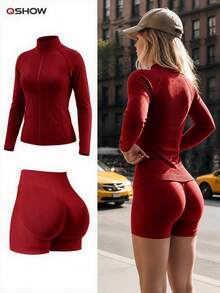 Women's Summer 2 Pieces Pink Top + High Waist Shorts Set, Suitable For Sports, Yoga, Pilates, Gym, Running - Burgundy - View 2